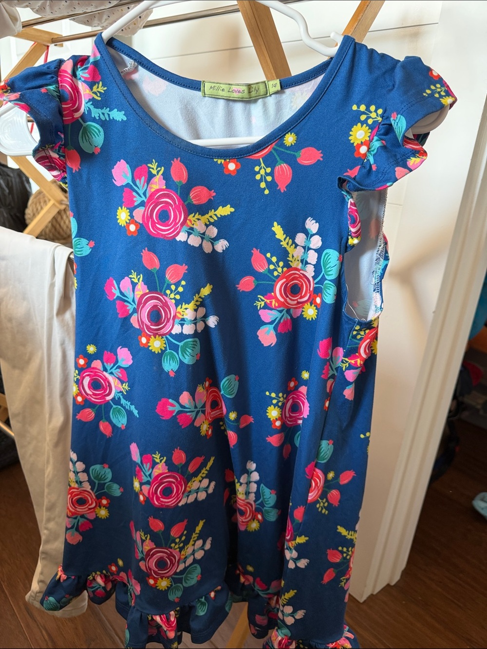 Kids Blue Floral Ruffle-Sleeve Dress